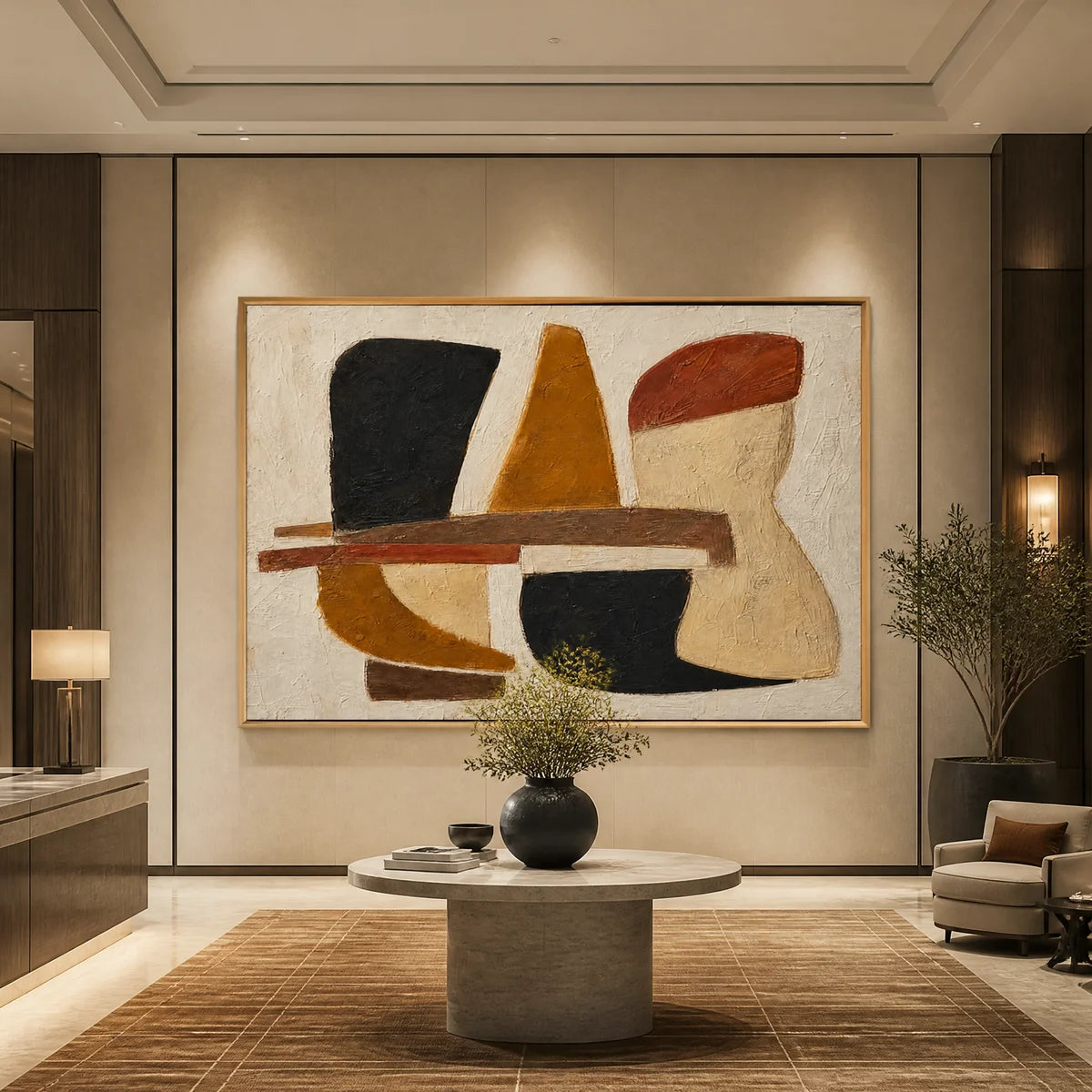 Earth tone abstract wall art with bold organic shapes in black, ochre, rust, and beige displayed in a luxury hotel lobby.