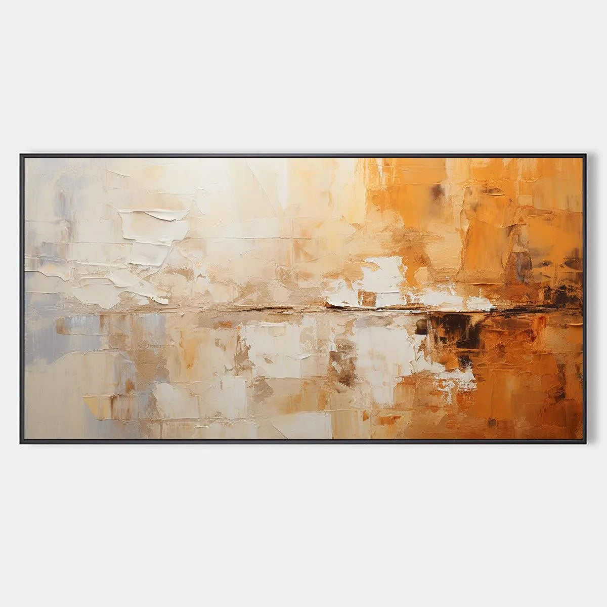 Panoramic Abstract Painting in Orange and Beige, Textured Canvas, Modern Wall Art