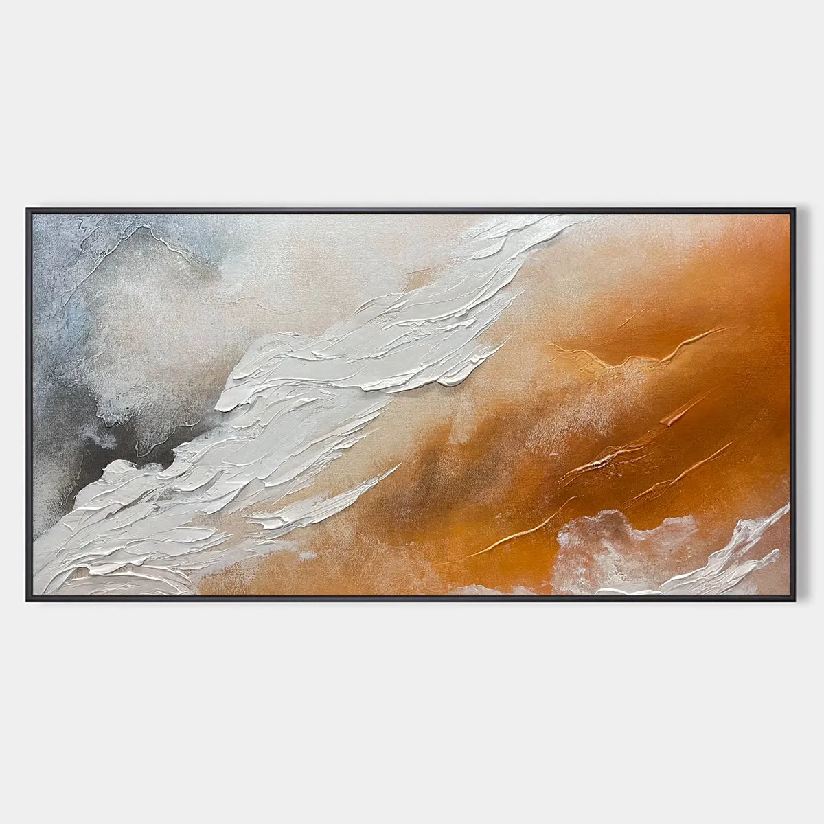 Abstract Landscape Painting in Orange, White, and Grey, Textured Canvas, Modern Wall Art