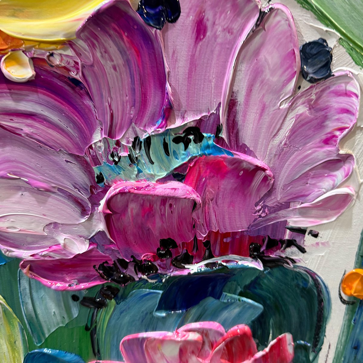 Vibrant textured impasto painting of colorful desert cacti with pink, purple, orange, yellow blooms
