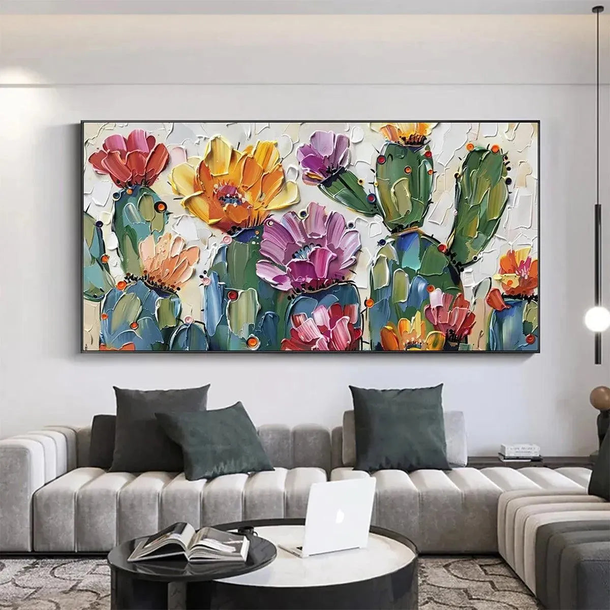 Vibrant textured impasto painting of colorful desert cacti with pink, purple, orange, yellow blooms