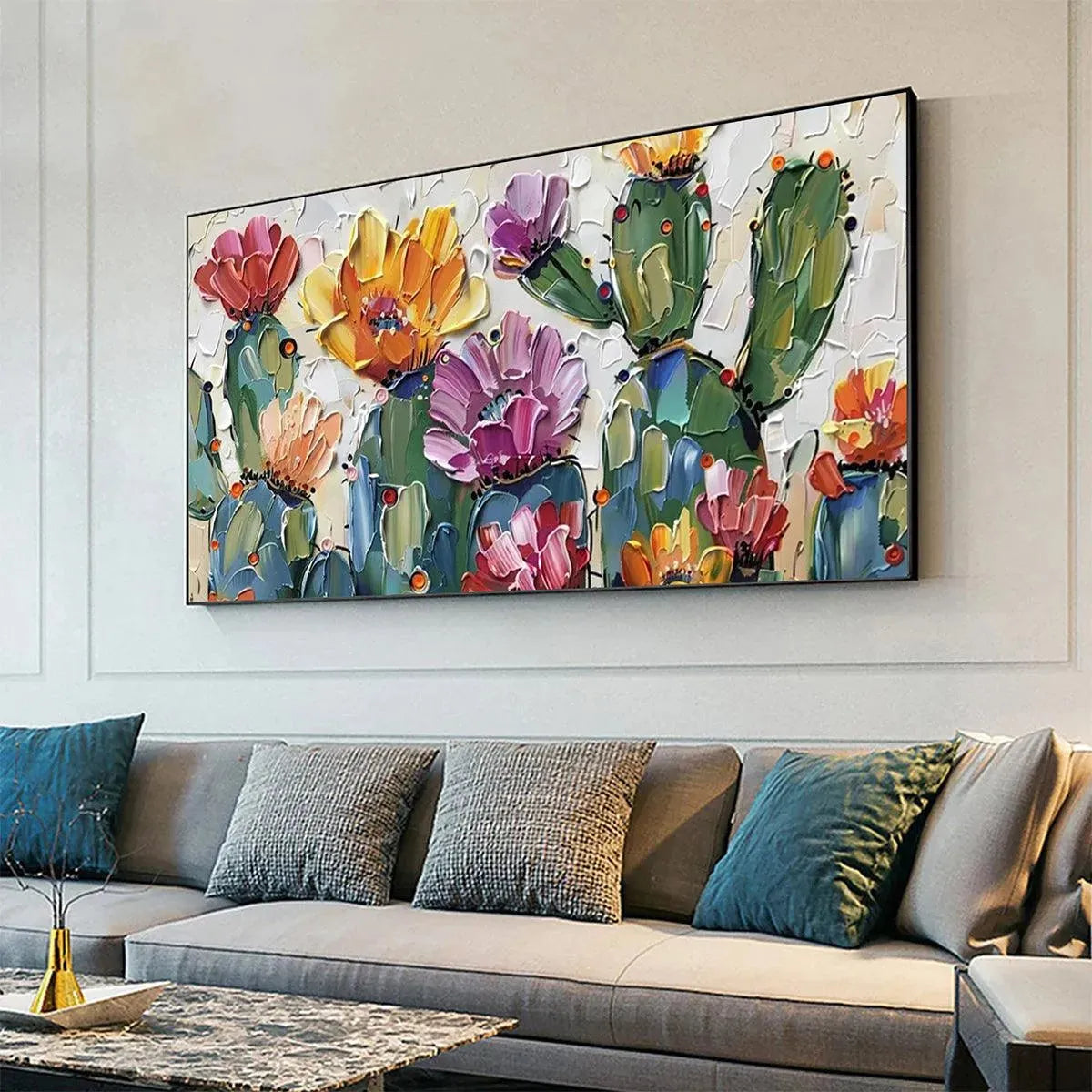 Vibrant textured impasto painting of colorful desert cacti with pink, purple, orange, yellow blooms