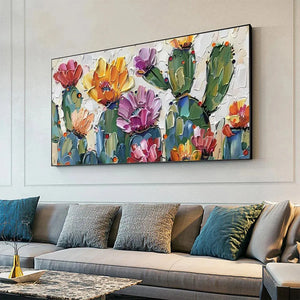 Vibrant textured impasto painting of colorful desert cacti with pink, purple, orange, yellow blooms