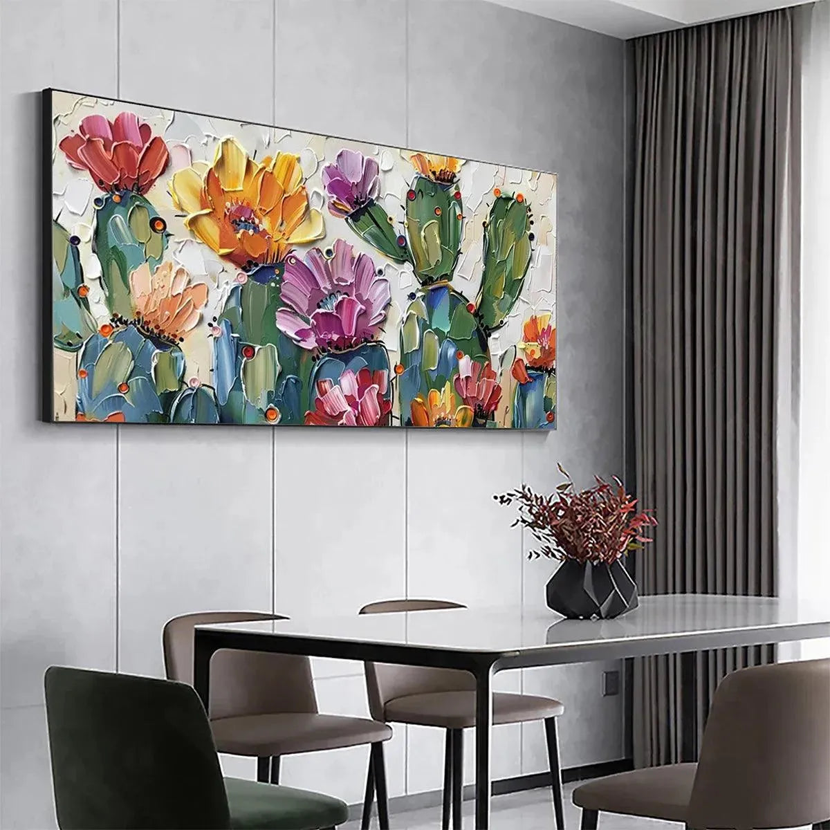 Vibrant textured impasto painting of colorful desert cacti with pink, purple, orange, yellow blooms