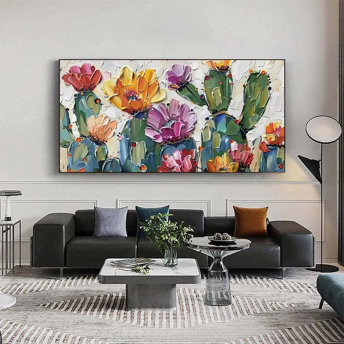 Vibrant textured impasto painting of colorful desert cacti with pink, purple, orange, yellow blooms
