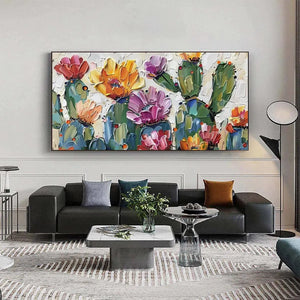 Vibrant textured impasto painting of colorful desert cacti with pink, purple, orange, yellow blooms