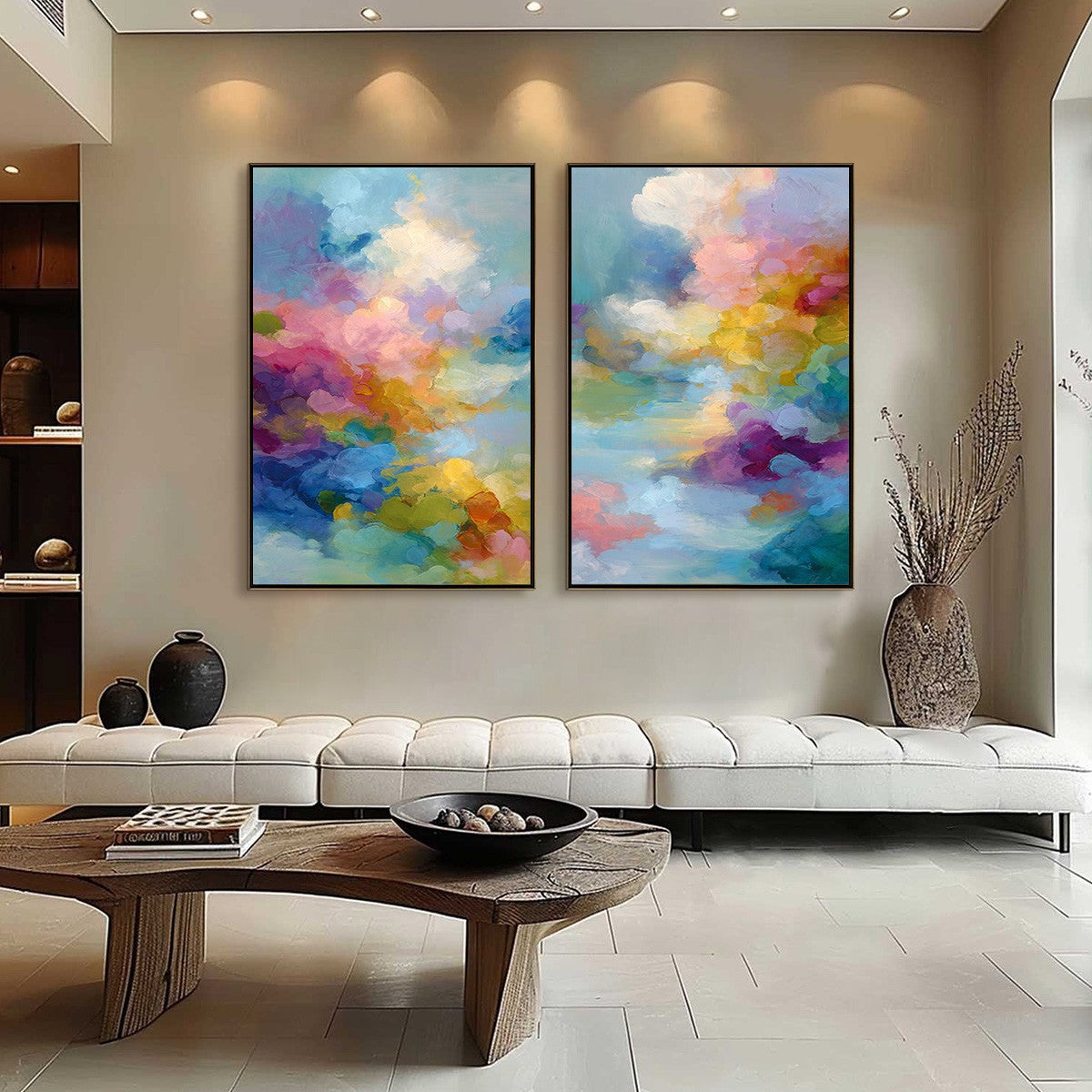 DREAMSCAPE MELODY: Colorful Abstract Cloudscape Painting Set of 2