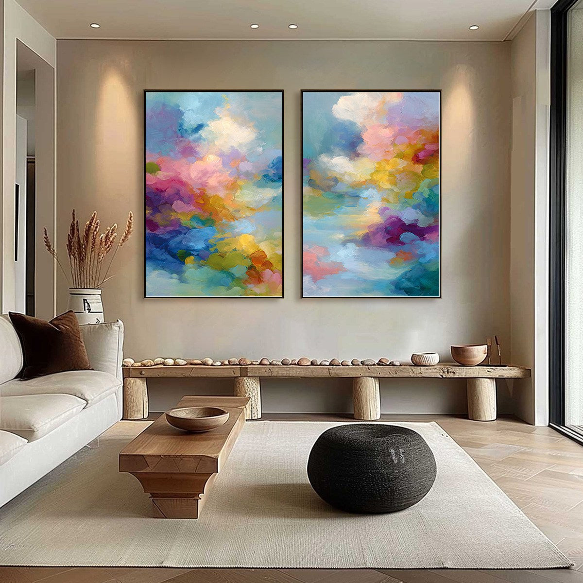 DREAMSCAPE MELODY: Colorful Abstract Cloudscape Painting Set of 2