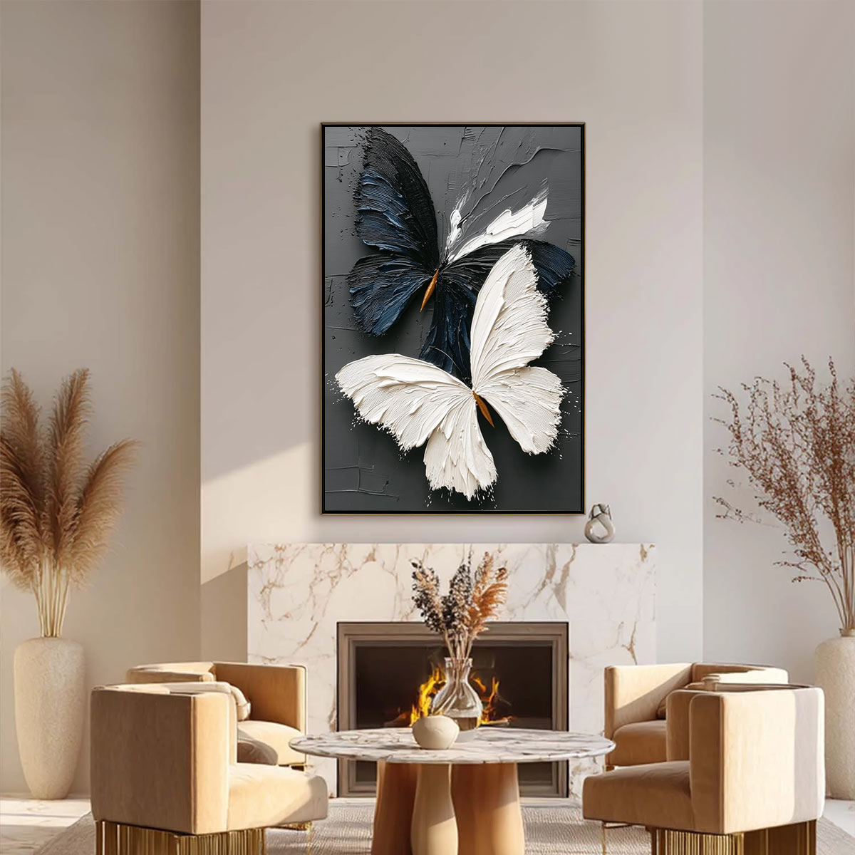 DUALITY: Textured Impasto Black and White Butterfly Painting