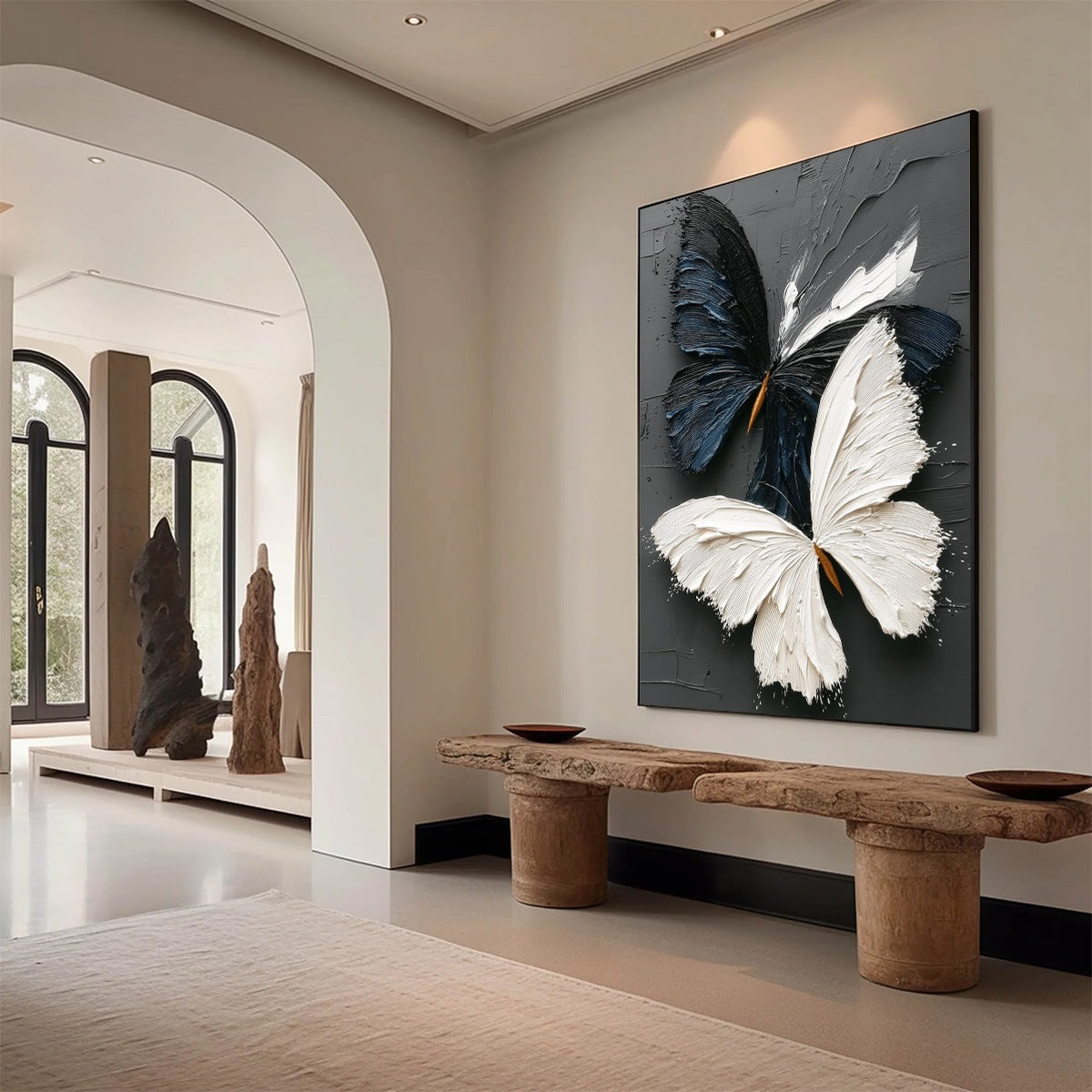 DUALITY: Textured Impasto Black and White Butterfly Painting