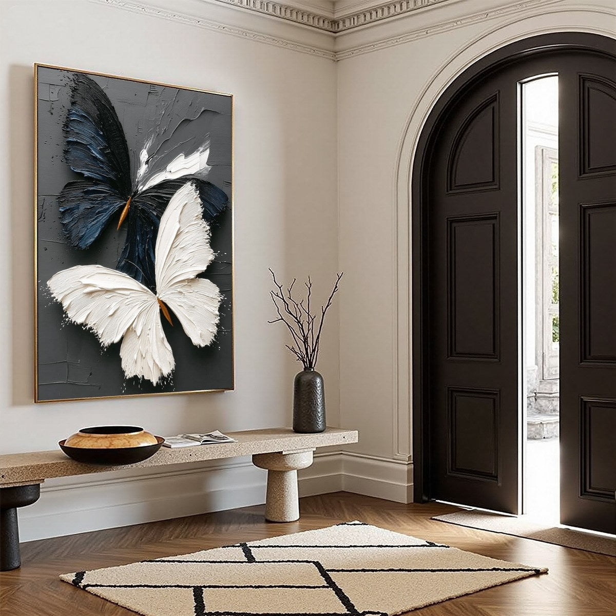 DUALITY: Textured Impasto Black and White Butterfly Painting