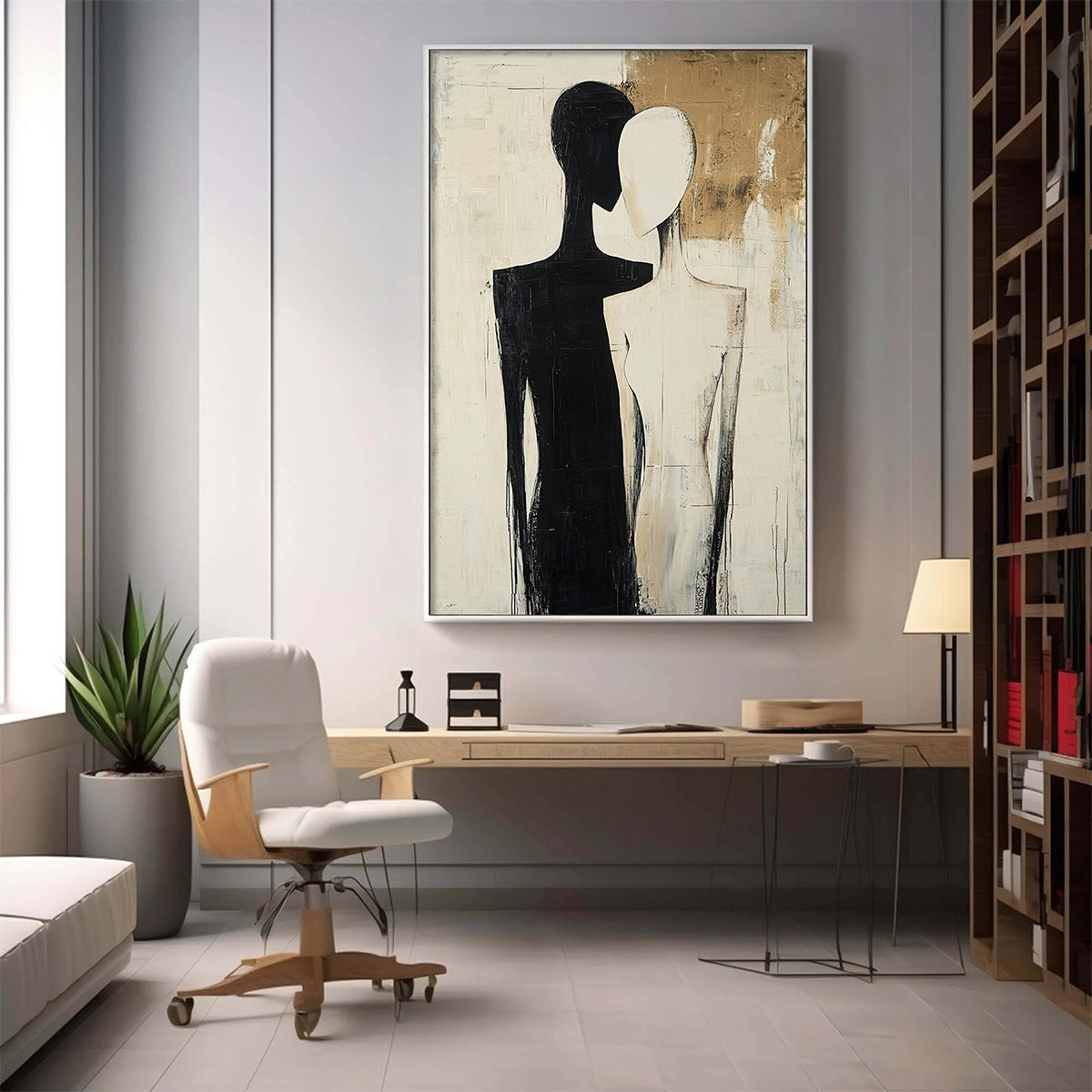 Duality: Original Abstract Figurative Oil Painting - Black White Gold Textured Vertical Wall Art