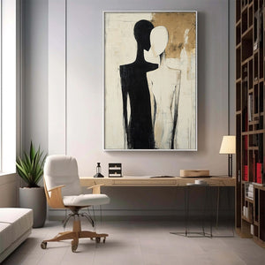 Duality: Original Abstract Figurative Oil Painting - Black White Gold Textured Vertical Wall Art
