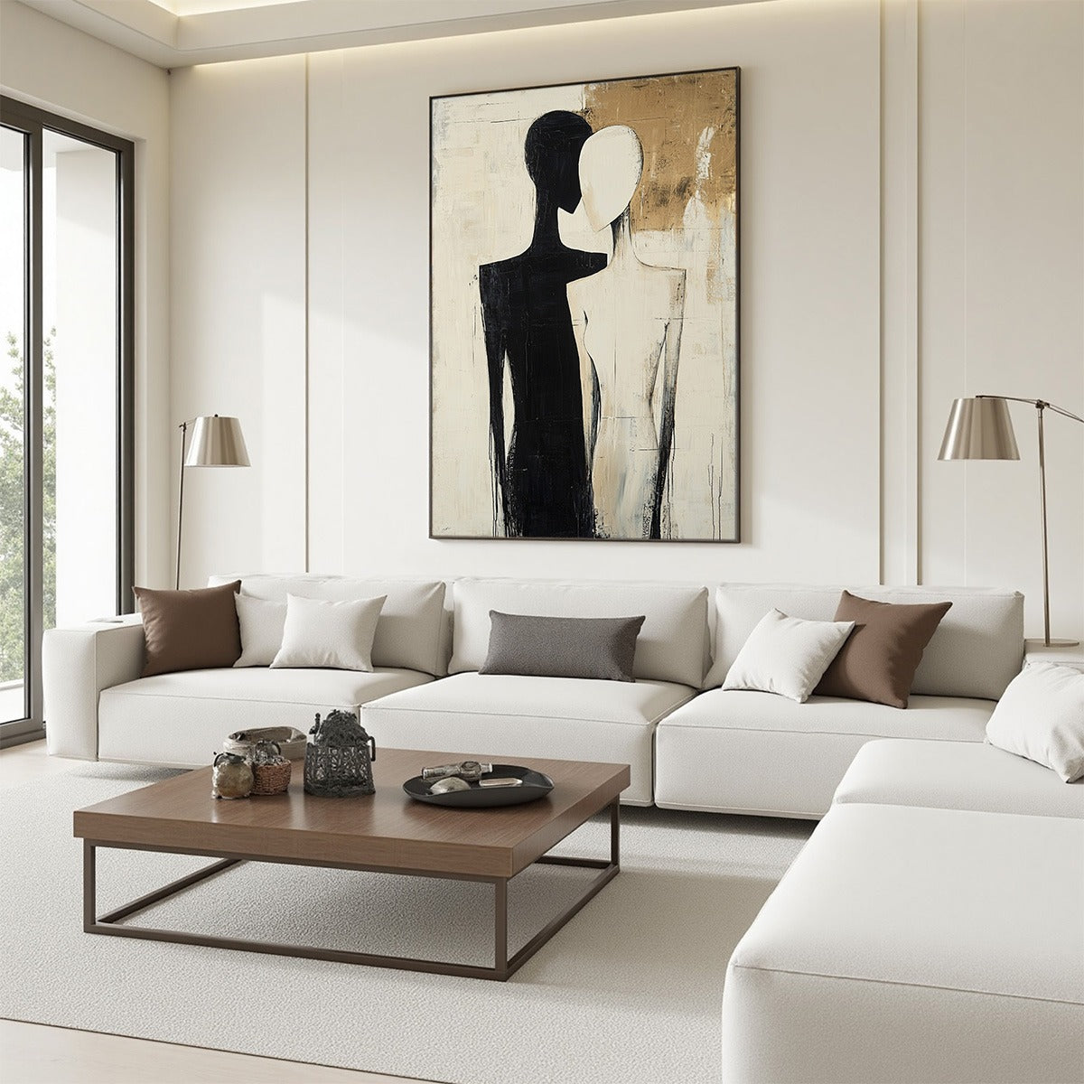 Duality: Original Abstract Figurative Oil Painting - Black White Gold Textured Vertical Wall Art