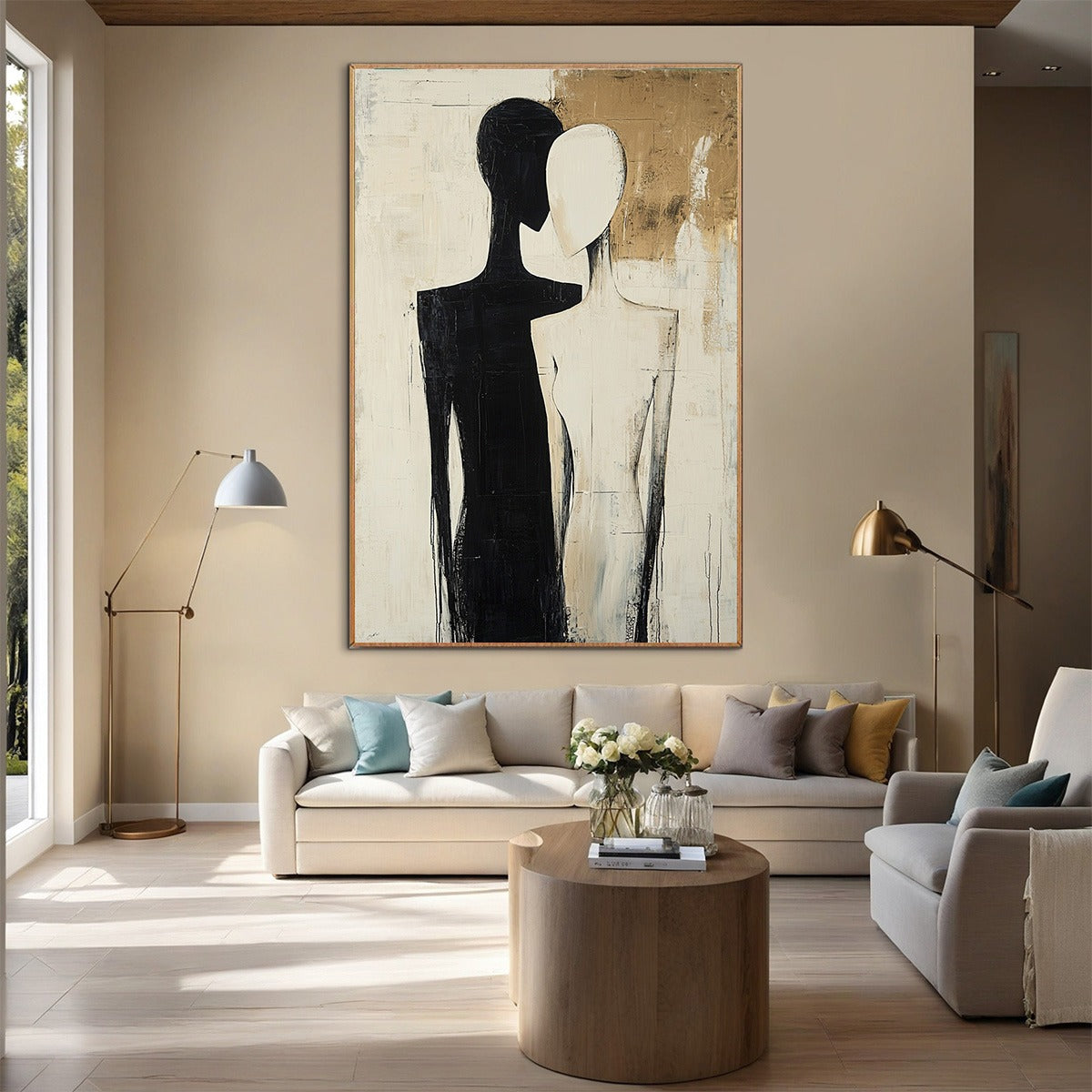 Duality: Original Abstract Figurative Oil Painting - Black White Gold Textured Vertical Wall Art