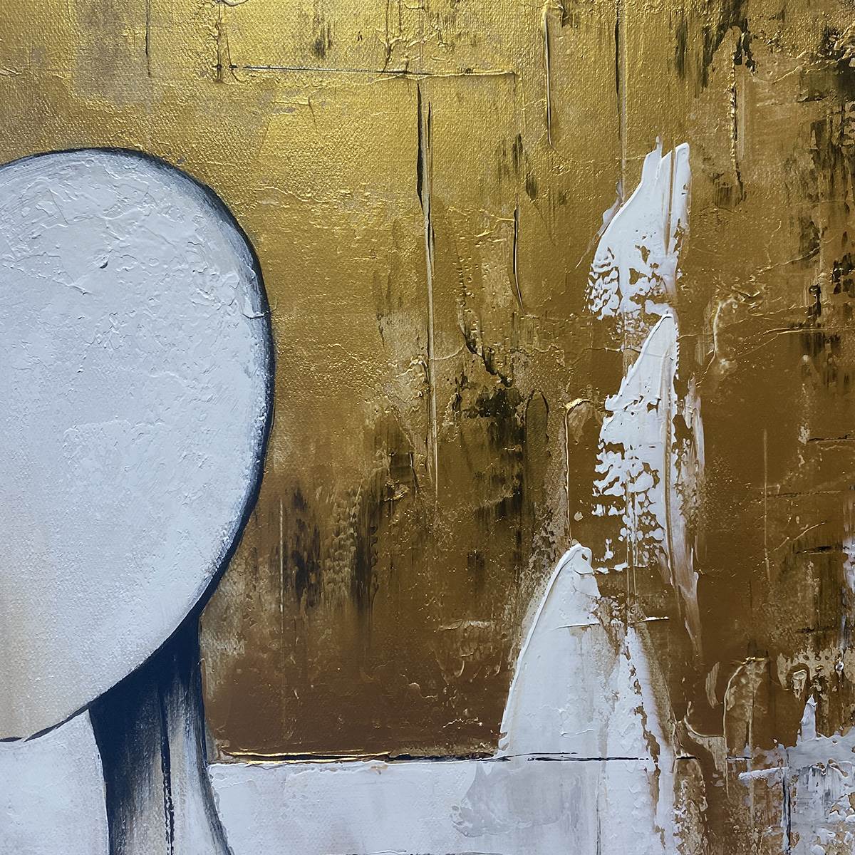 Duality: Original Abstract Figurative Oil Painting - Black White Gold Textured Vertical Wall Art