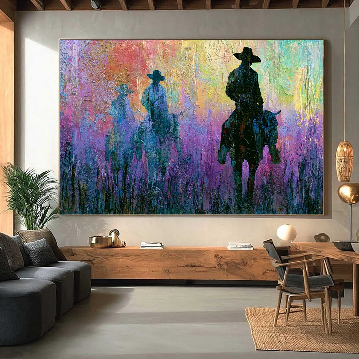 DUSK RIDERS: Colorful Abstract Western Impasto Oil Painting