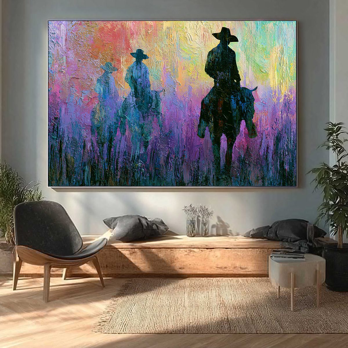 DUSK RIDERS: Colorful Abstract Western Impasto Oil Painting