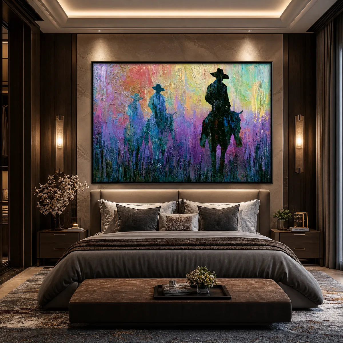 Dusk Riders abstract western impasto oil painting with three horseback silhouettes