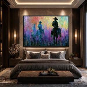 Dusk Riders abstract western impasto oil painting with three horseback silhouettes