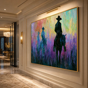 Colorful abstract western impasto oil painting with three cowboy riders in gold frame