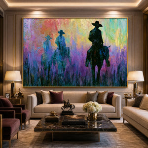 Colorful abstract western impasto oil painting of three riders on horseback