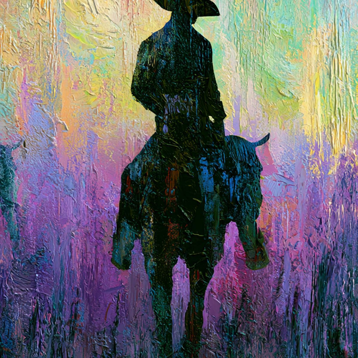 DUSK RIDERS: Colorful Abstract Western Impasto Oil Painting