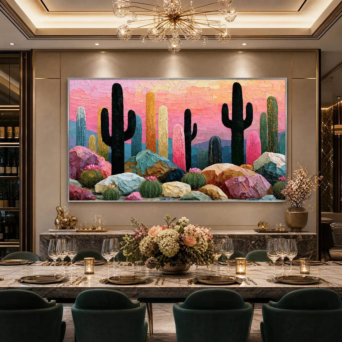Textured impasto cactus landscape painting with pink sunset and colorful desert rocks