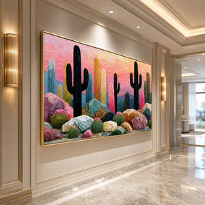 Textured impasto cactus landscape painting with pink sunset and gold frame