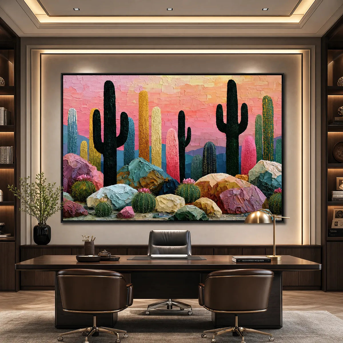 Textured impasto cactus landscape painting in pink, gold and blue for modern wall art