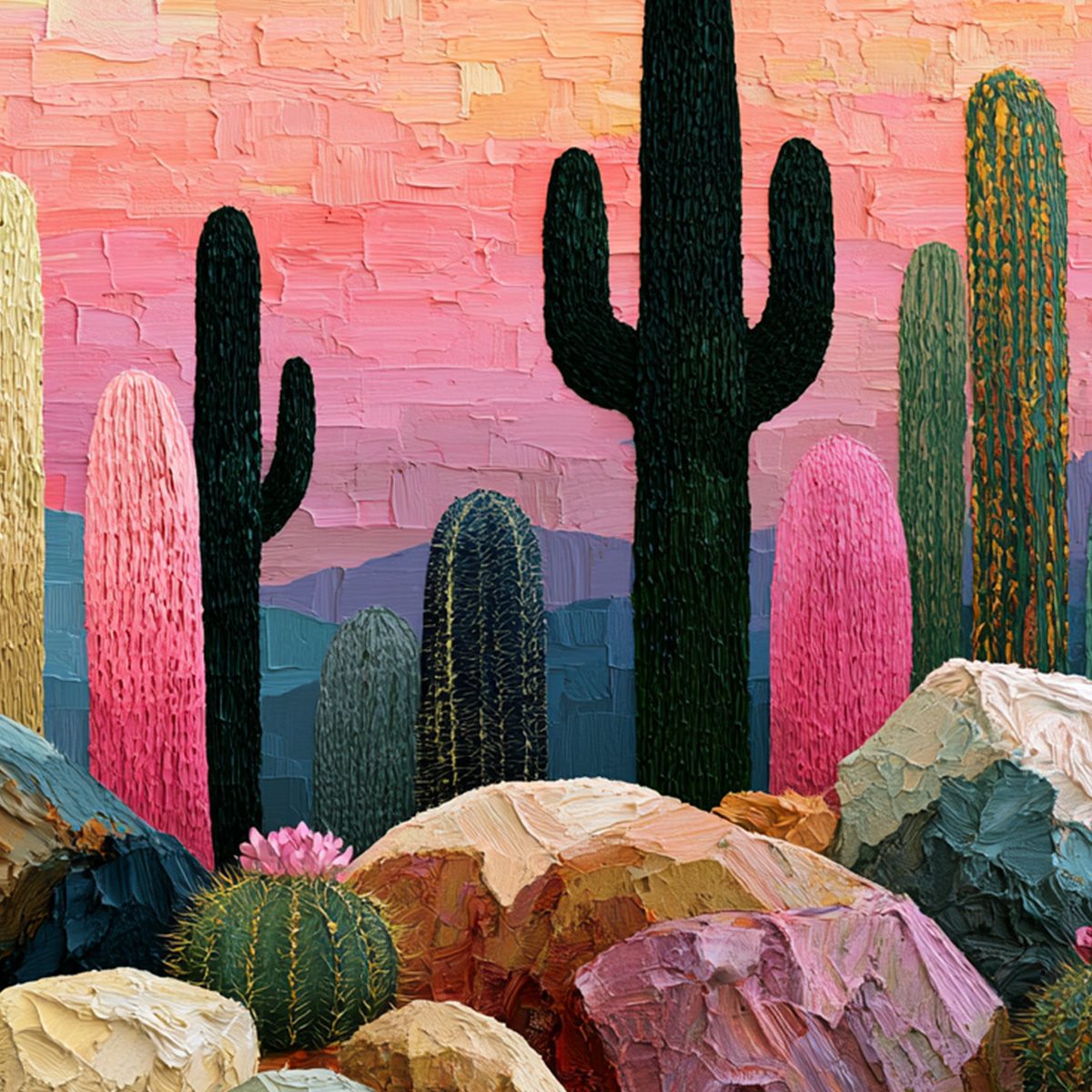 Desert Dreamscape | Textured Impasto Cactus Landscape Painting