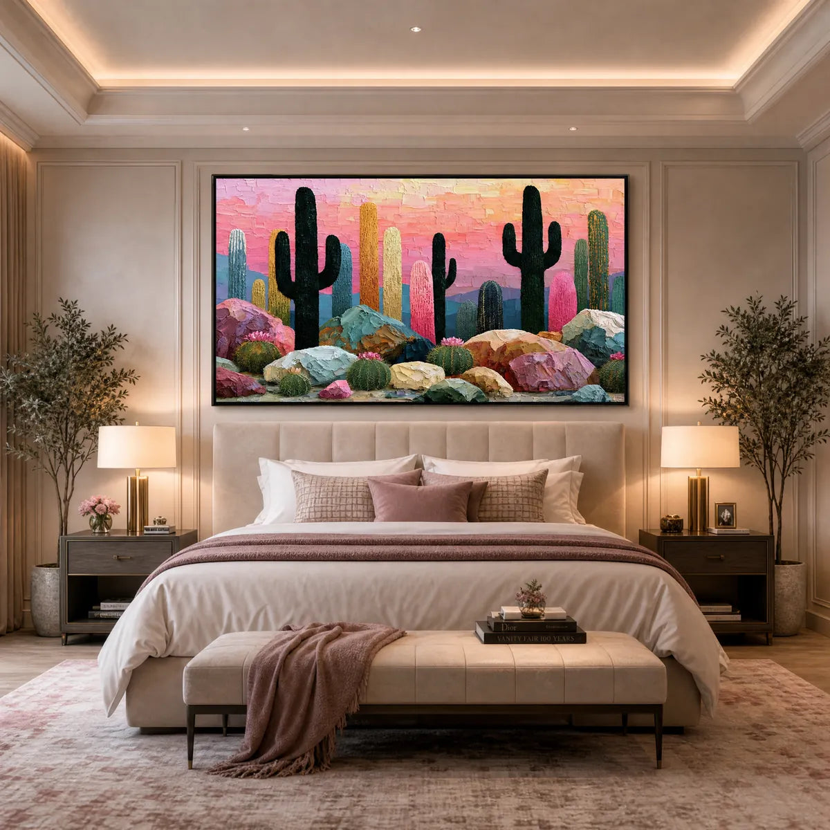Textured impasto cactus landscape painting with pink sunset tones above a luxury bedroom bed