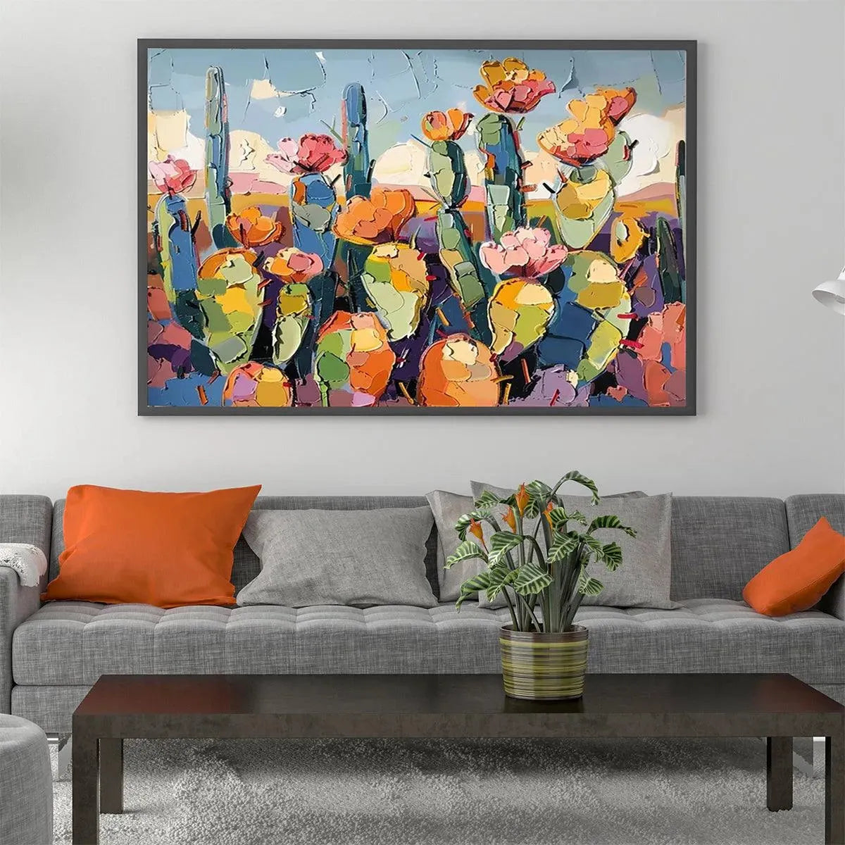 Desert Bloom: Textured Cactus Painting | Impasto Wall Art | Horizontal Canvas | Desert Decor