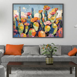Desert Bloom: Textured Cactus Painting | Impasto Wall Art | Horizontal Canvas | Desert Decor