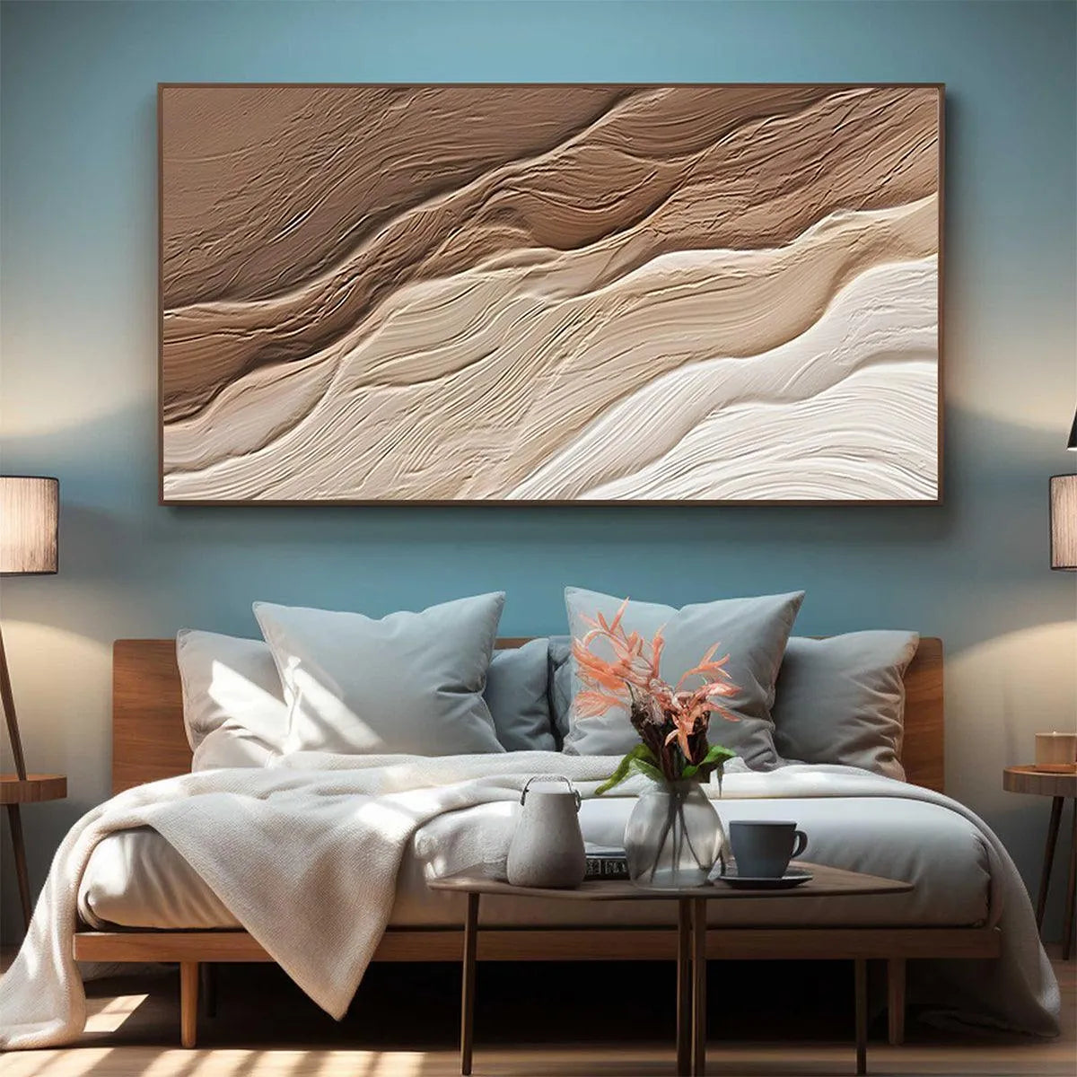 DESERT FLOW painting by Liam O'Connell, brown and beige textured art, framed, bedroom decor, modern art.