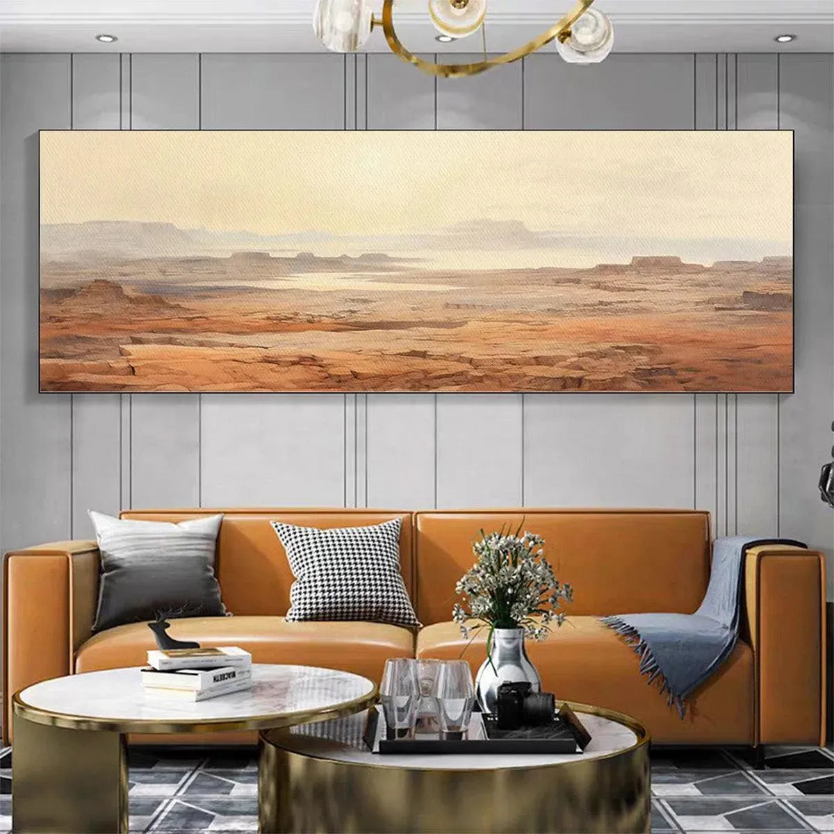 Desert Mist Panoramic: Desert Landscape Painting | Panoramic Wall Art | Minimalist Decor