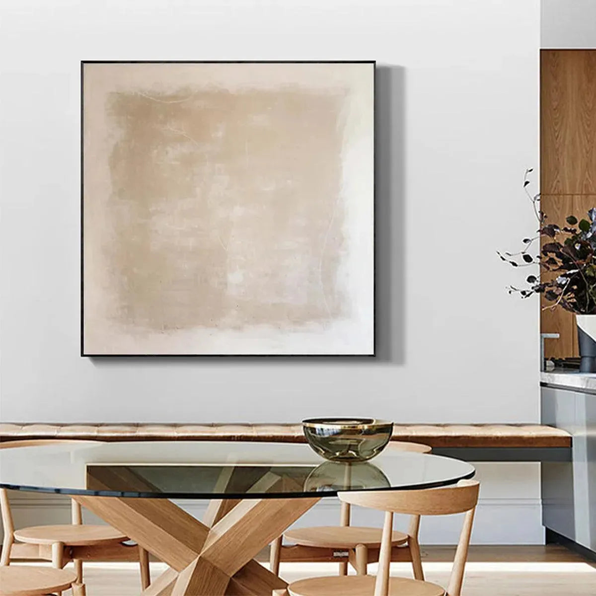 Desert Sands painting by Javier Ramirez, beige minimalist artwork, black framed, perfect for modern living spaces.