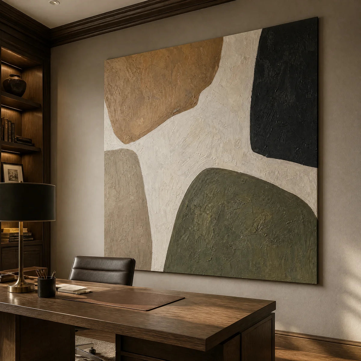 Organic neutral abstract wall art with earthy shapes in beige, green, black and gold in a modern office.