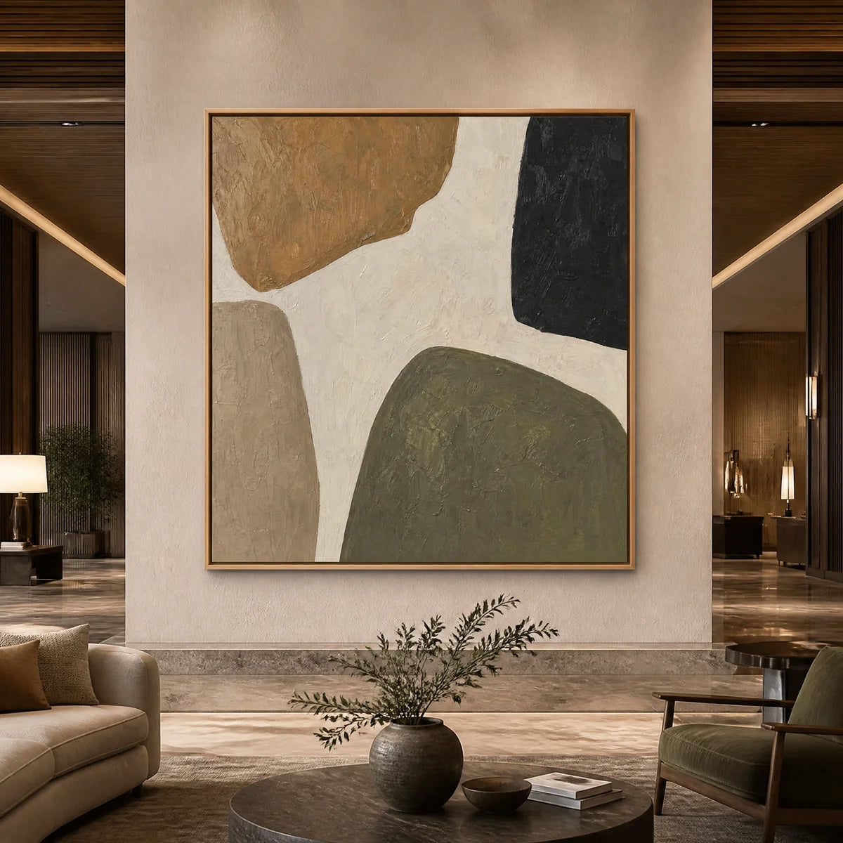 Earthbound Forms abstract wall art with earthy neutral shapes in a wood frame displayed in a luxury hotel lobby.