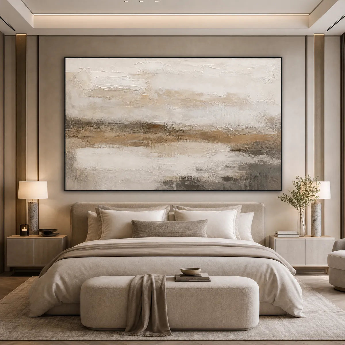 Textured Wabi Sabi abstract landscape painting above beige bed in modern bedroom