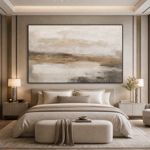 Textured Wabi Sabi abstract landscape painting above beige bed in modern bedroom