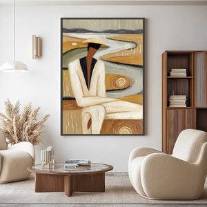 EARTHEN CONTEMPLATION: Textured Figurative Art of a Man in a Serene Landscape