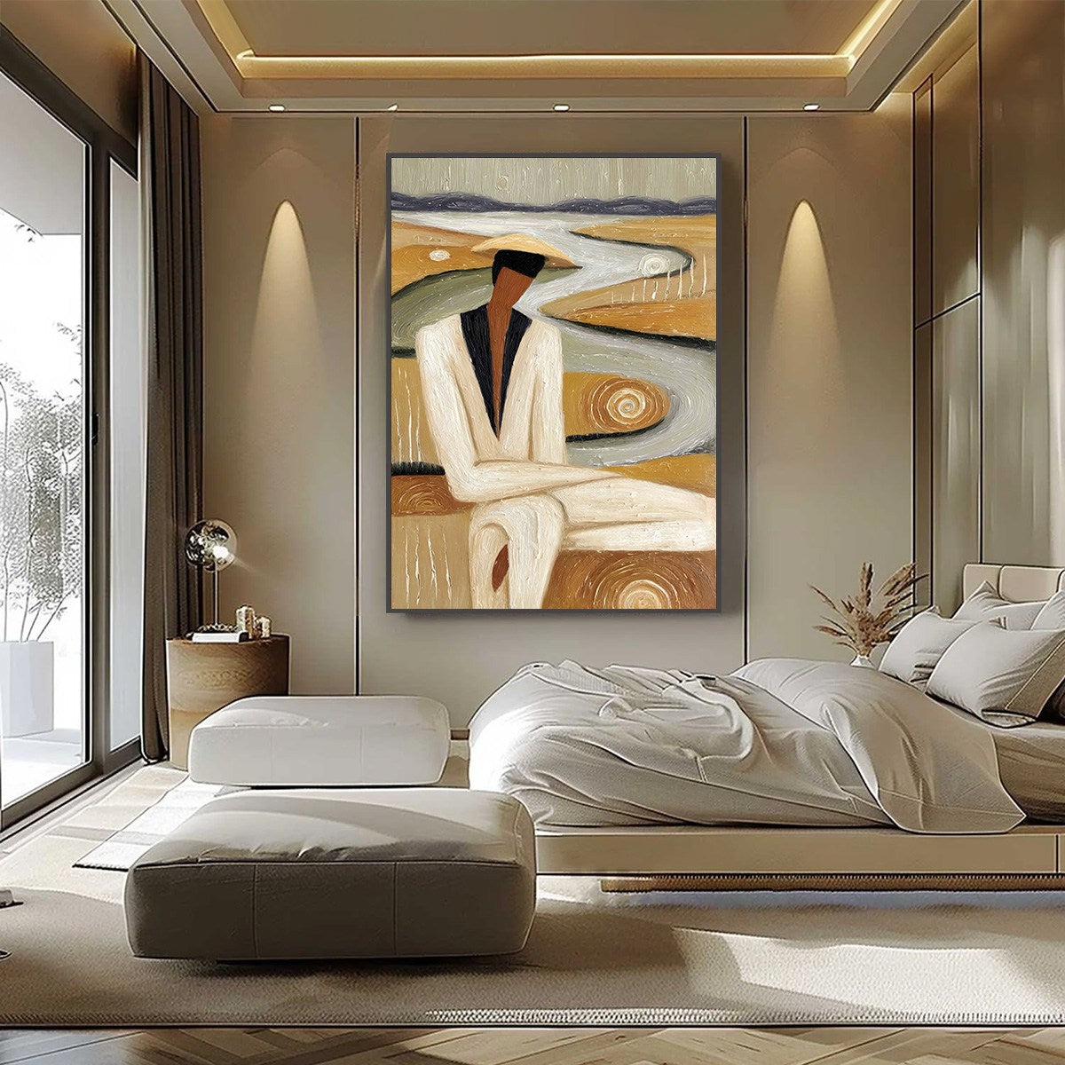 EARTHEN CONTEMPLATION: Textured Figurative Art of a Man in a Serene Landscape