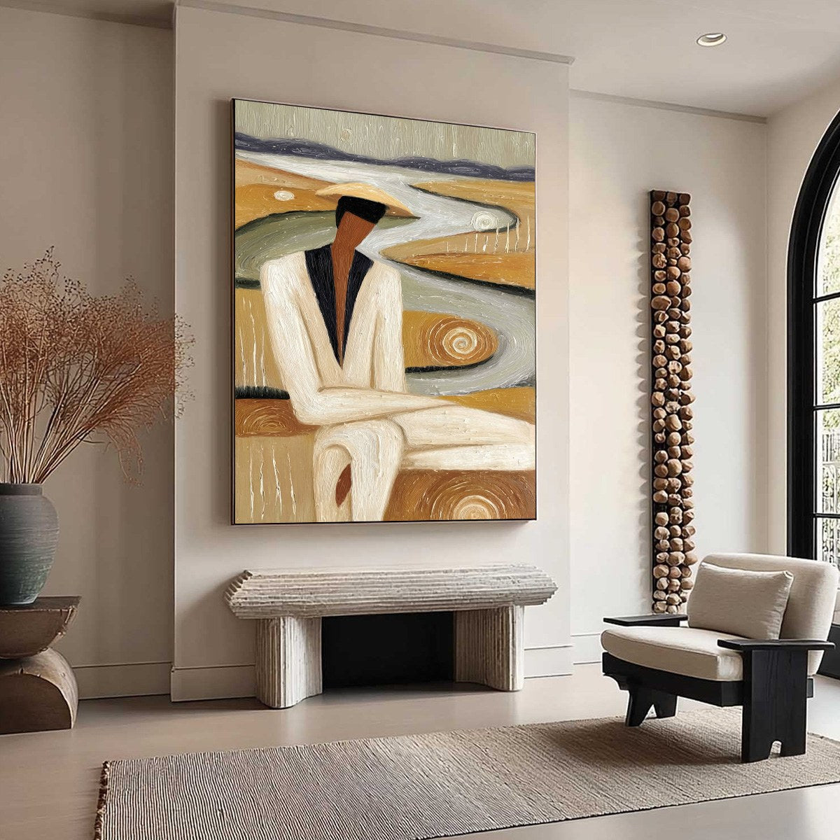 EARTHEN CONTEMPLATION: Textured Figurative Art of a Man in a Serene Landscape