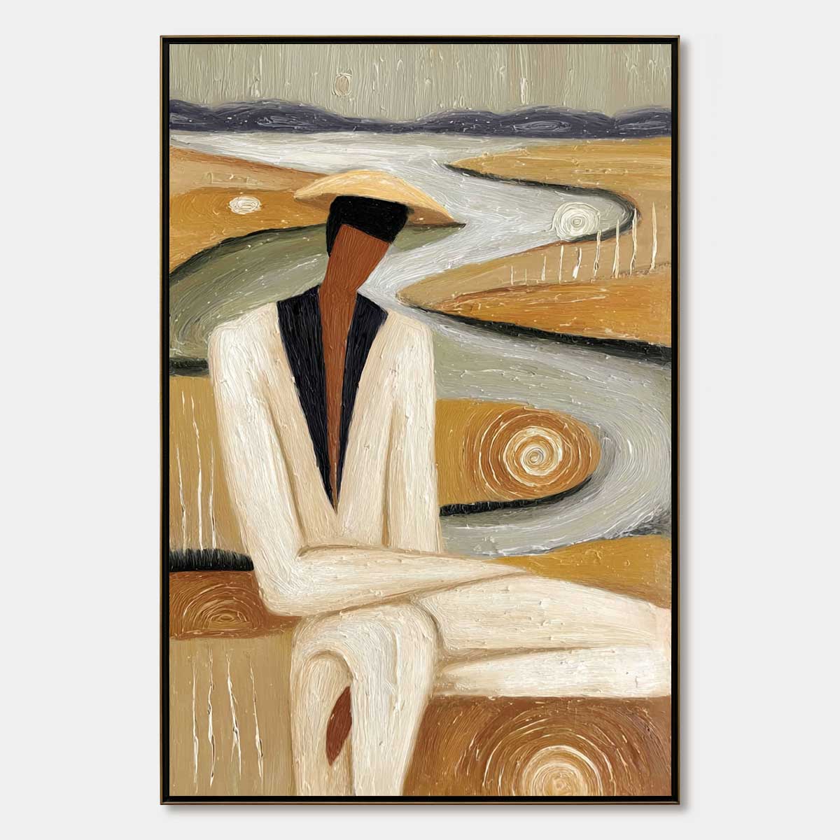 EARTHEN CONTEMPLATION: Textured Figurative Art of a Man in a Serene Landscape