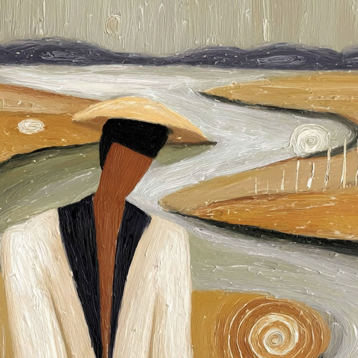 EARTHEN CONTEMPLATION: Textured Figurative Art of a Man in a Serene Landscape