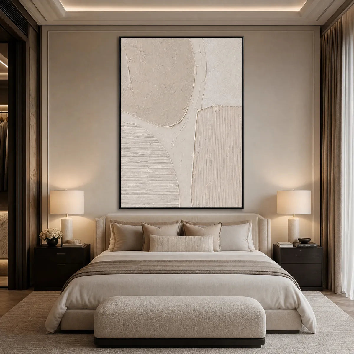 Large textured Wabi-Sabi abstract painting in beige and ivory tones above a bed