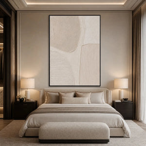 Large textured Wabi-Sabi abstract painting in beige and ivory tones above a bed