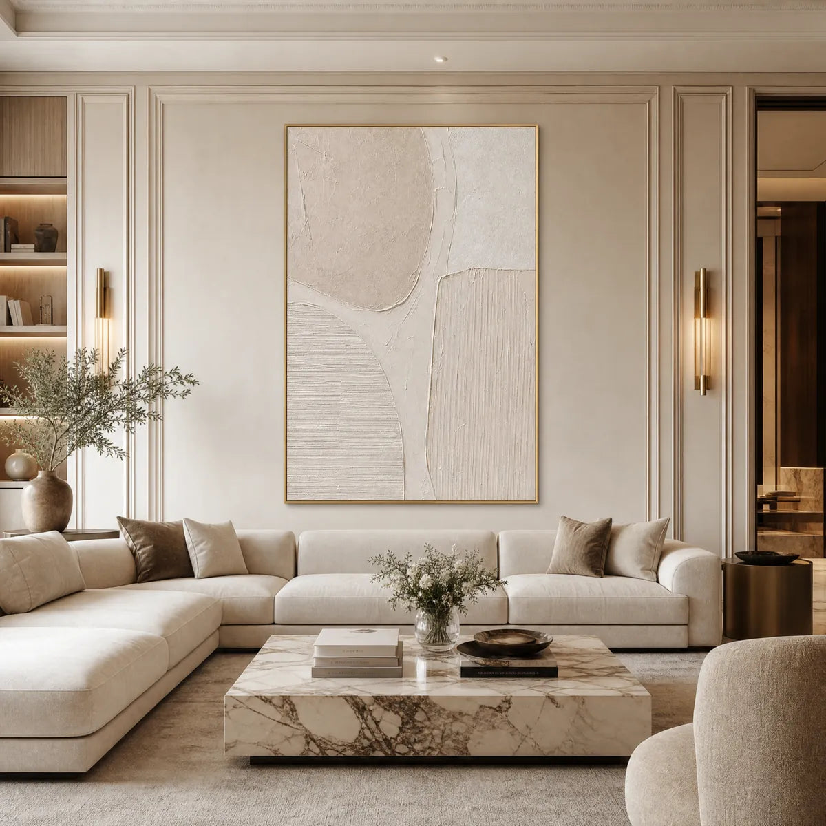 Textured Wabi-Sabi abstract wall art in a neutral beige living room