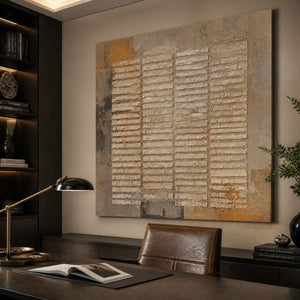 Rustic neutral abstract wall art with layered grid texture in earthy brown tones in a modern office.